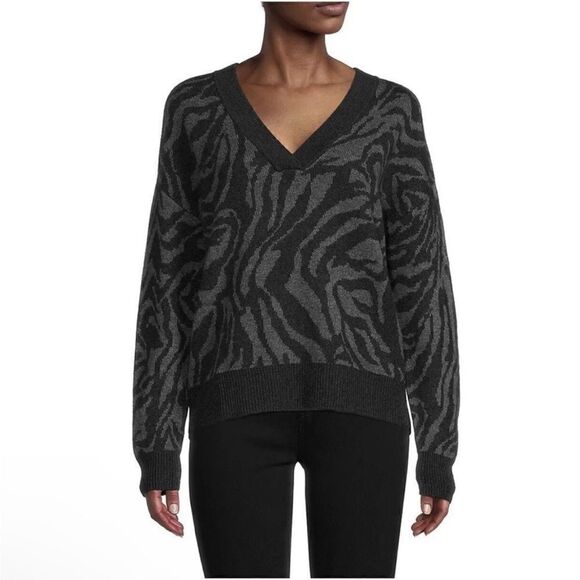 Naadam Black & Plum Wool/Cashmere Blend Animal Jacquard V-neck Sweater Small NWT - Picture 9 of 10